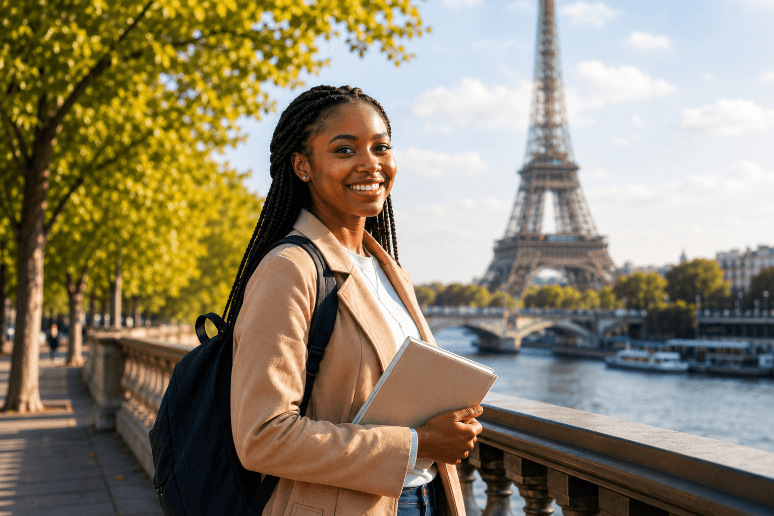 Étudiante d'Afrique de l'Ouest, sac à dos et carnet à la main, avec la Tour Eiffel visible en arrière-plan