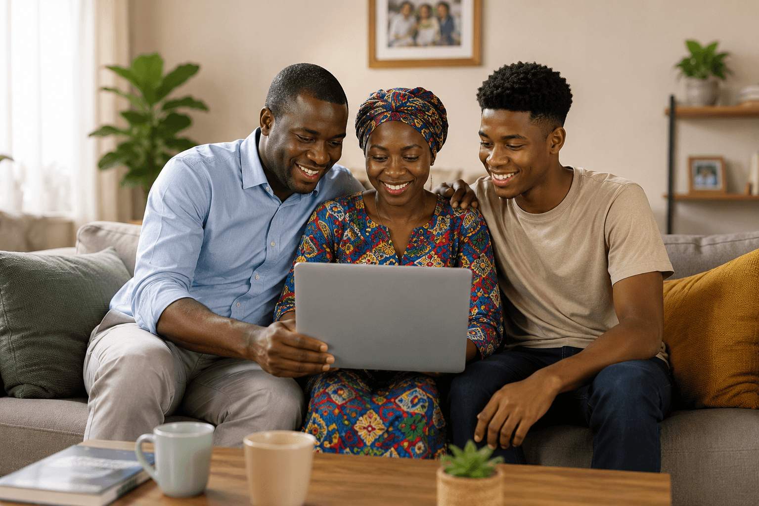 Une famille sénégalaise réunie, fière du projet d'études de leur enfant en France