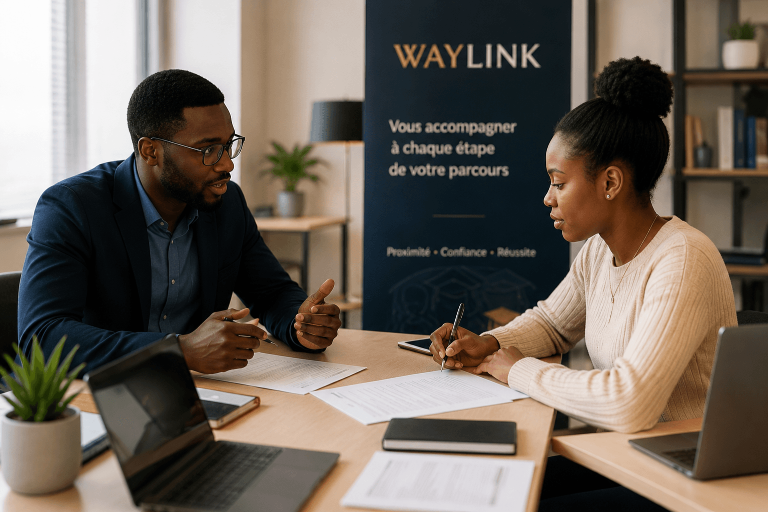 Un conseiller WayLink accompagne un étudiant sur son dossier, entouré de documents