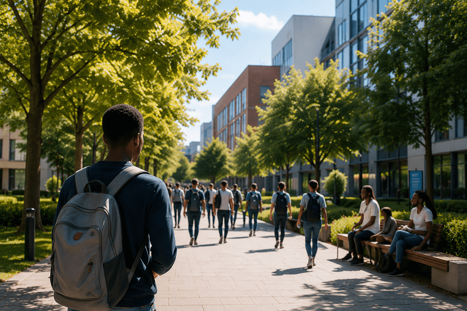 Un étudiant, sac à dos sur l'épaule, découvre un campus universitaire français animé